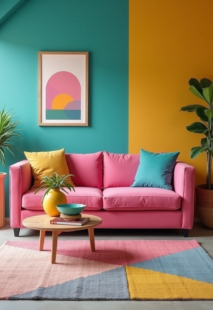 25 Pink Couch Living Room Ideas - 10. Color Blocked