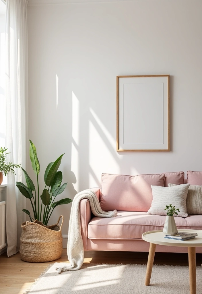 25 Pink Couch Living Room Ideas - 11. Scandinavian Style