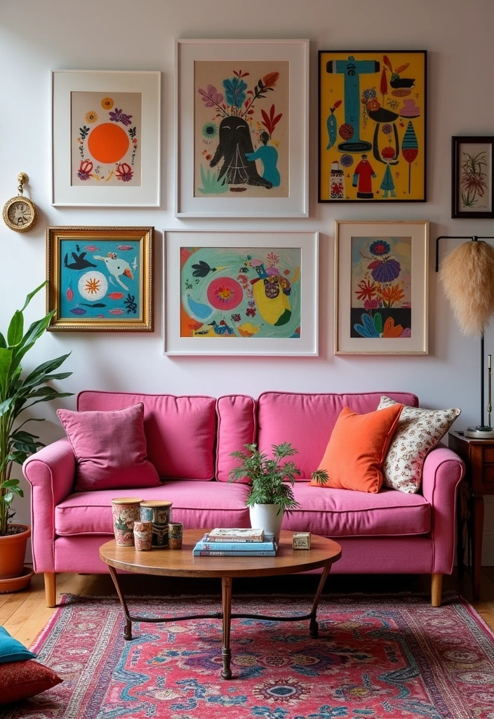 25 Pink Couch Living Room Ideas - 12. Artistic Flair