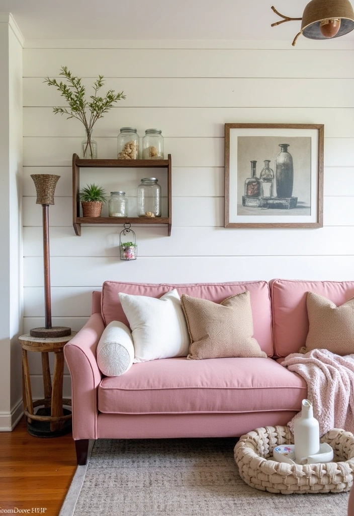 25 Pink Couch Living Room Ideas - 13. Farmhouse Fresh