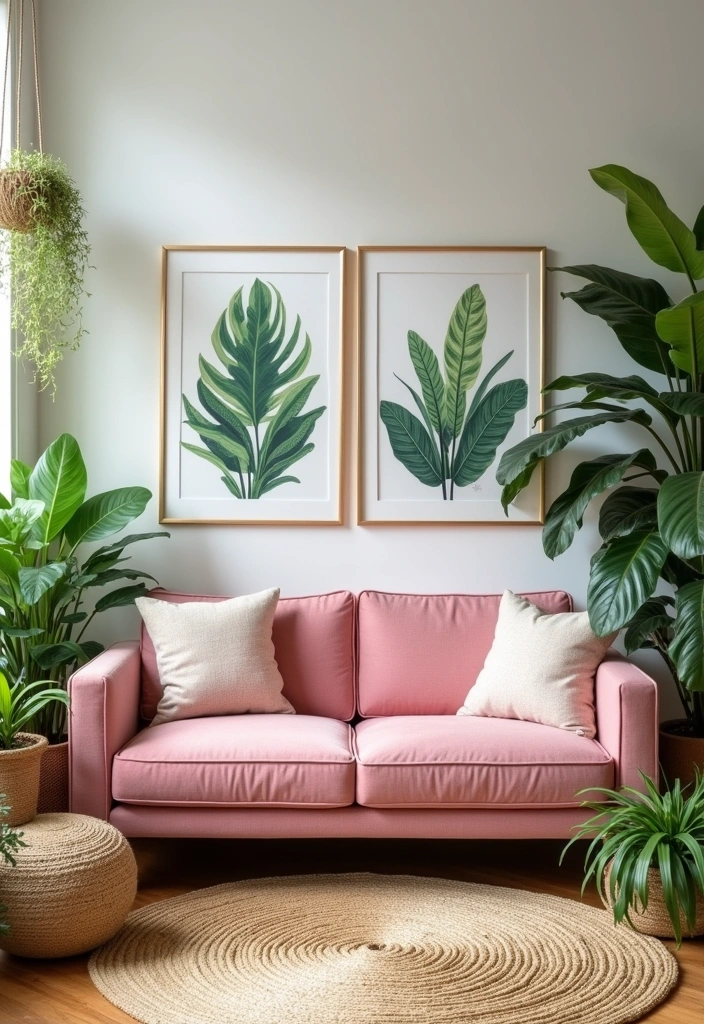 25 Pink Couch Living Room Ideas - 14. Urban Jungle