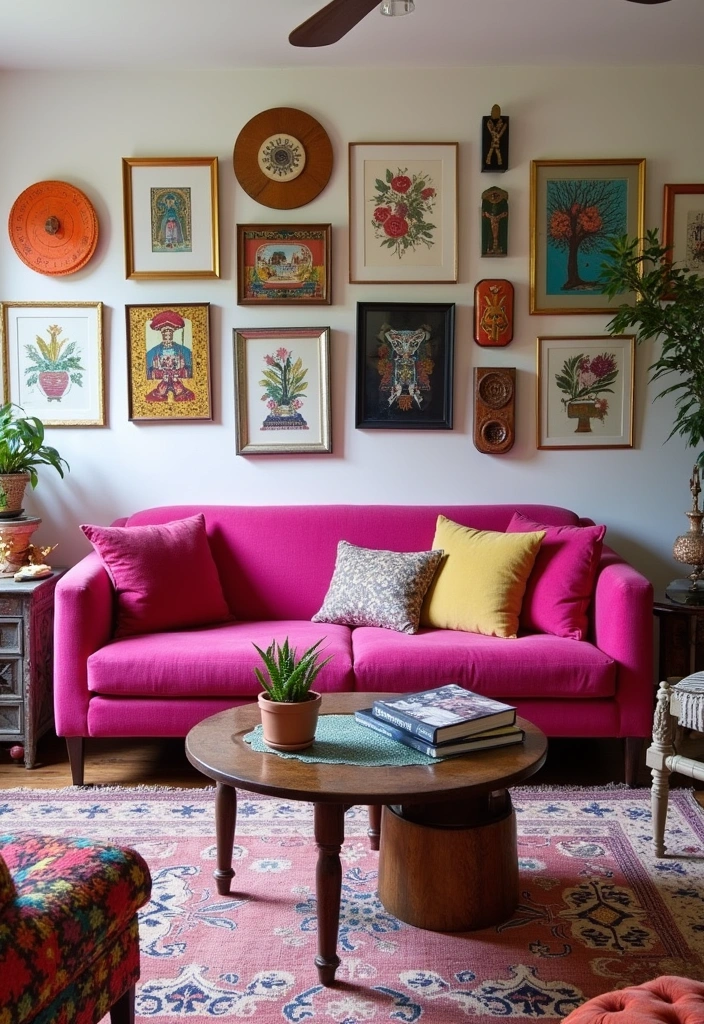 25 Pink Couch Living Room Ideas - 3. Eclectic Mix