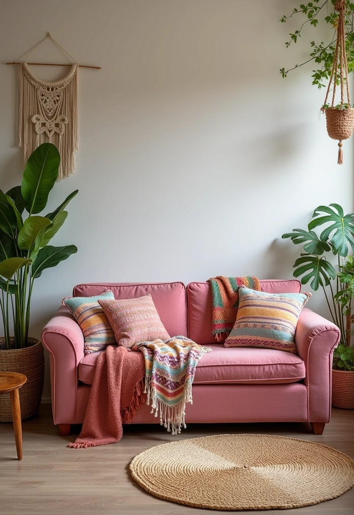 25 Pink Couch Living Room Ideas - 4. Bohemian Vibes