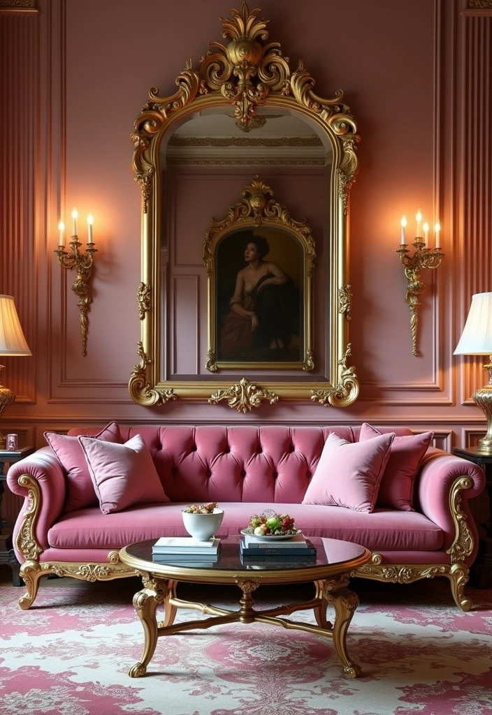 25 Pink Couch Living Room Ideas - 5. Sophisticated Glam