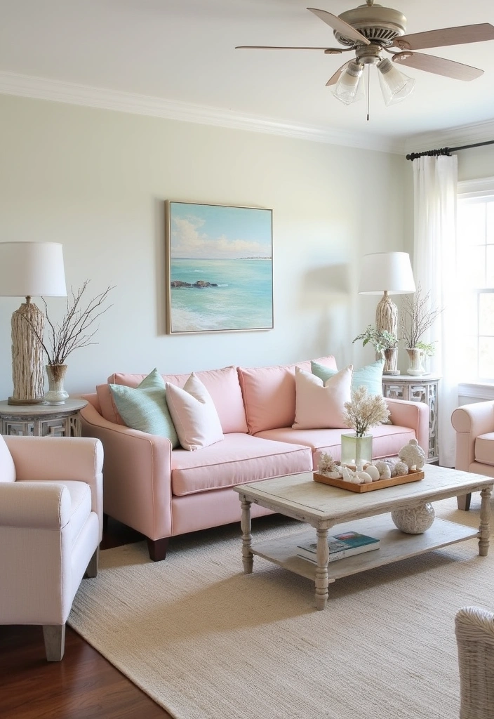 25 Pink Couch Living Room Ideas - 6. Coastal Retreat