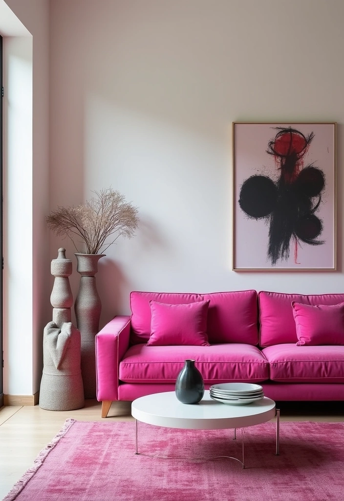 25 Pink Couch Living Room Ideas - 7. Modern Artistry