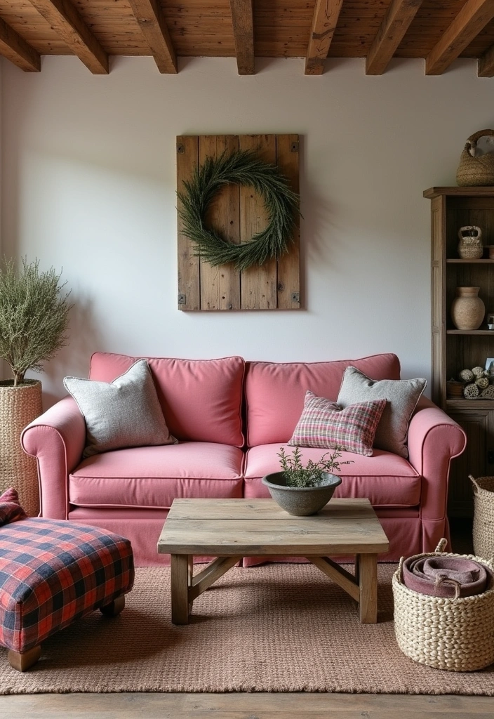 25 Pink Couch Living Room Ideas - 8. Rustic Charm