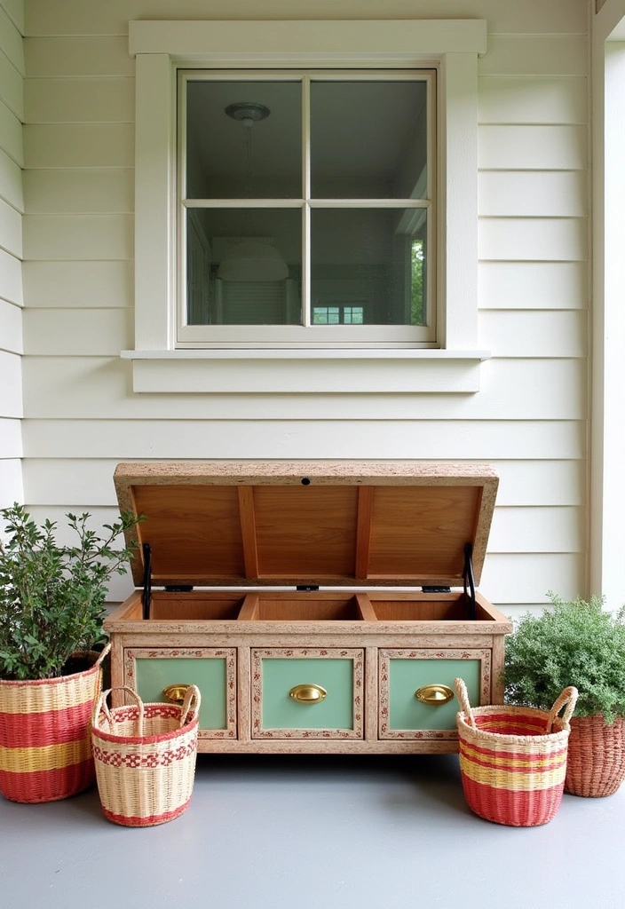 25 Small Front Porch Decorating Ideas to Transform Your Outdoor Space - 14. Use Decorative Storage Solutions