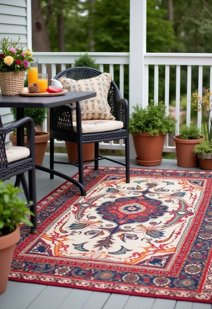 25 Small Front Porch Decorating Ideas to Transform Your Outdoor Space - 5. Stylish Outdoor Rugs