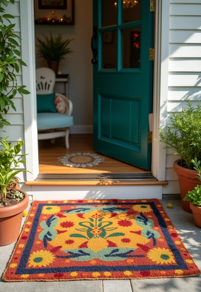 25 Small Front Porch Decorating Ideas to Transform Your Outdoor Space - 8. Colorful Door Mats