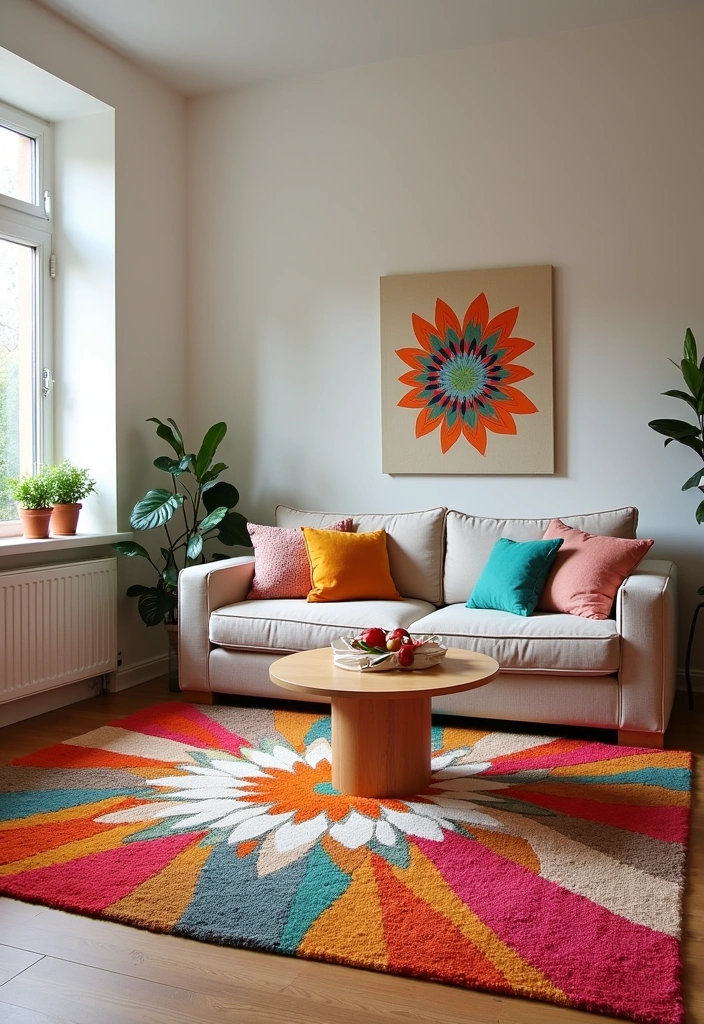 25 Spring Living Room Decor Ideas - 14. Playful Area Rugs