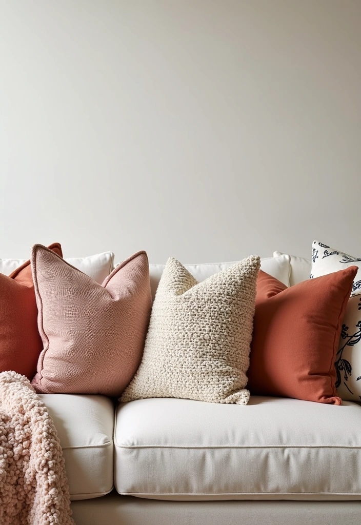 25 Spring Living Room Decor Ideas - 8. Textured Throw Pillows