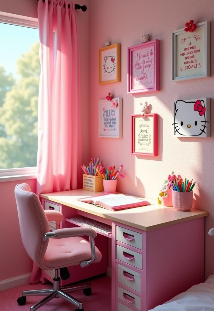 26 Hello Kitty Rooms Ideas - 6. Playful Study Nook