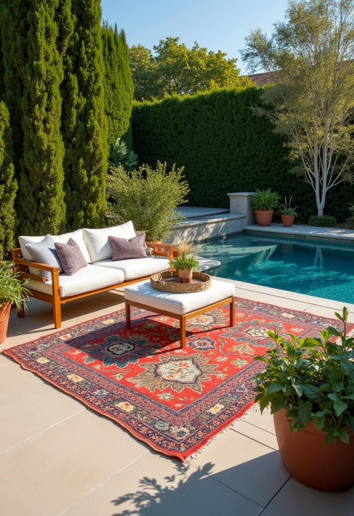 26 Pool Deck Decorating Ideas to Transform Your Outdoor Space - 8. Outdoor Rugs