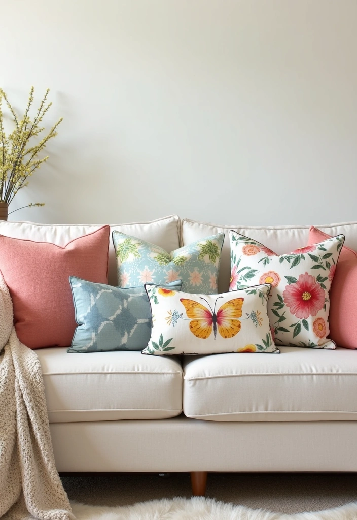 26 Spring Living Room Decor Ideas - 9. Seasonal Throw Pillows