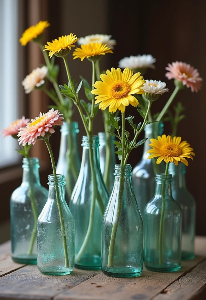 26 Tea Party Centerpiece Ideas to Elevate Your Home Decor - 13. Vintage Glass Bottles with Blooms