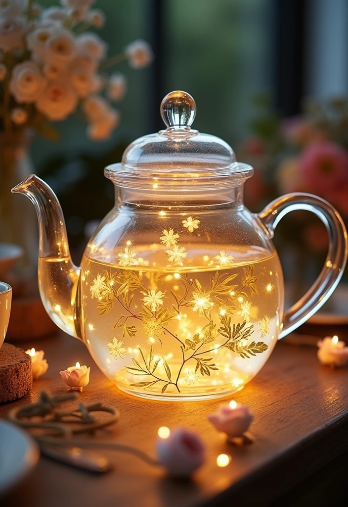 26 Tea Party Centerpiece Ideas to Elevate Your Home Decor - 14. Teapot and Cup Centerpiece with Fairy Lights