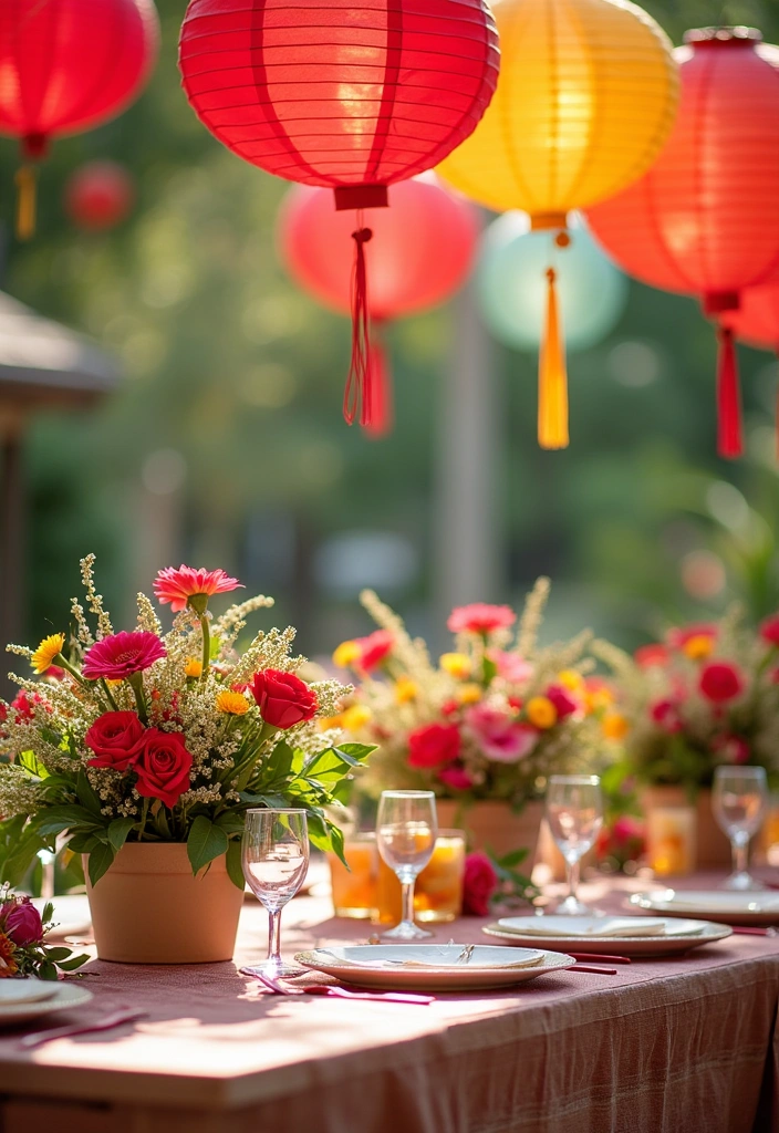 26 Tea Party Centerpiece Ideas to Elevate Your Home Decor - 15. Colorful Paper Lanterns with Floral Accents