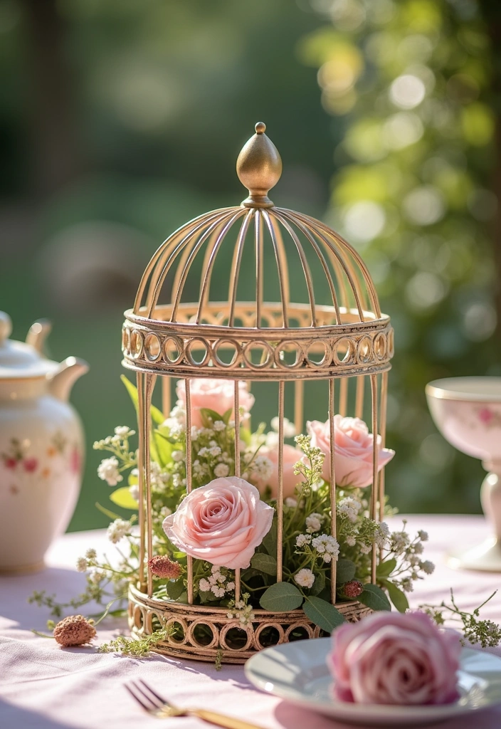 26 Tea Party Centerpiece Ideas to Elevate Your Home Decor - 19. Charming Birdcage Centerpiece