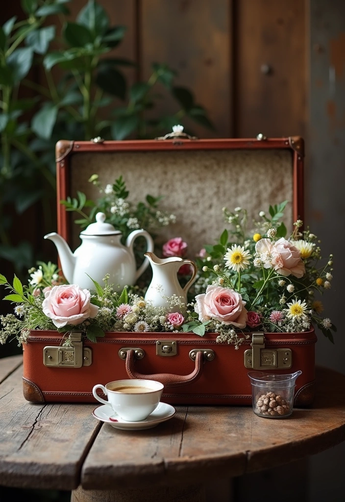 26 Tea Party Centerpiece Ideas to Elevate Your Home Decor - 22. Themed Vintage Suitcase Display