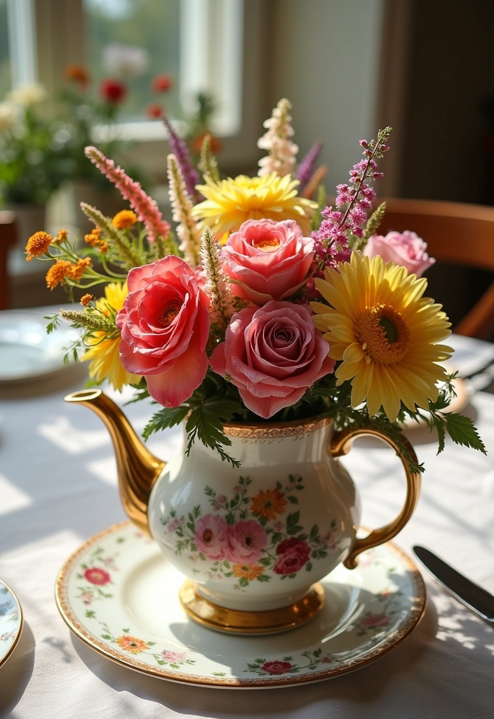 26 Tea Party Centerpiece Ideas to Elevate Your Home Decor - 5. Floral Teapot Centerpiece