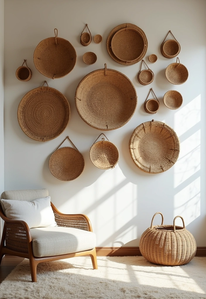 27 Basket Walls Boho Living Room Ideas - 12. Play with Height