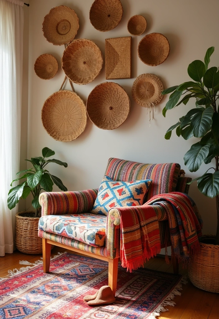 27 Basket Walls Boho Living Room Ideas - 13. Bohemian Textiles and Baskets