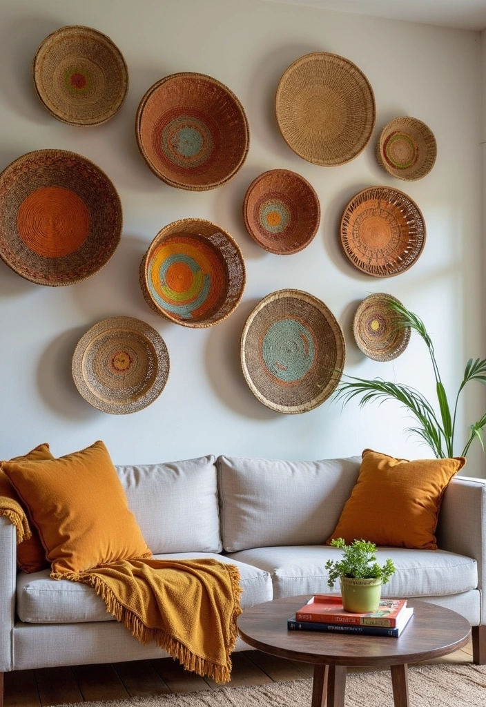 27 Basket Walls Boho Living Room Ideas - 15. Layered Wall Art with Baskets