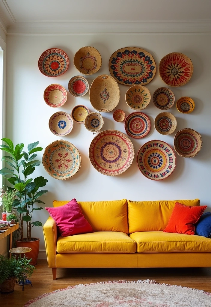 27 Basket Walls Boho Living Room Ideas - 2. Colorful Patterns and Layers