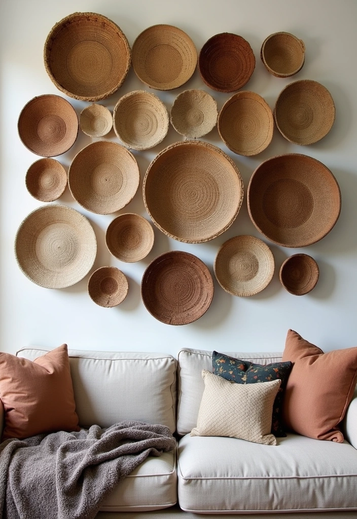 27 Basket Walls Boho Living Room Ideas - 8. Artistic Displays with Baskets