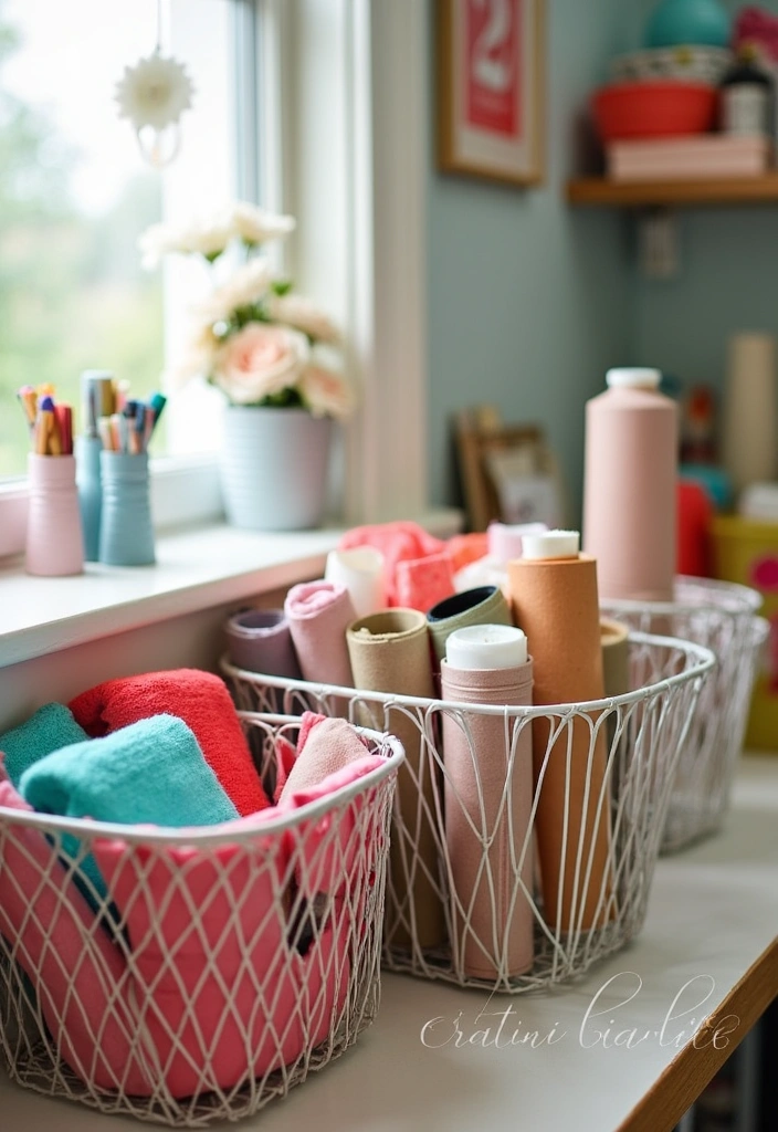 27 Craft Room Organization DIY Ideas - 13. Wire Baskets for Rustic Charm