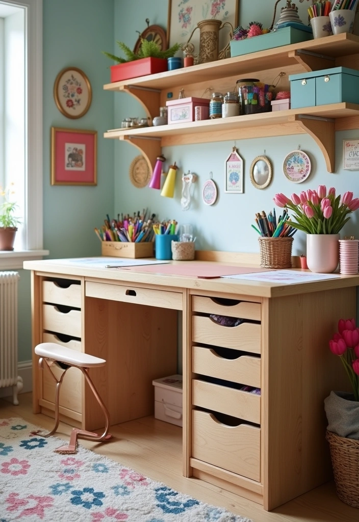 27 Craft Room Organization DIY Ideas - 18. Crafting Table with Built-in Storage