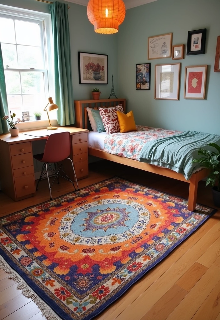 27 Dorm Room Decor Ideas - 5. Colorful Area Rugs