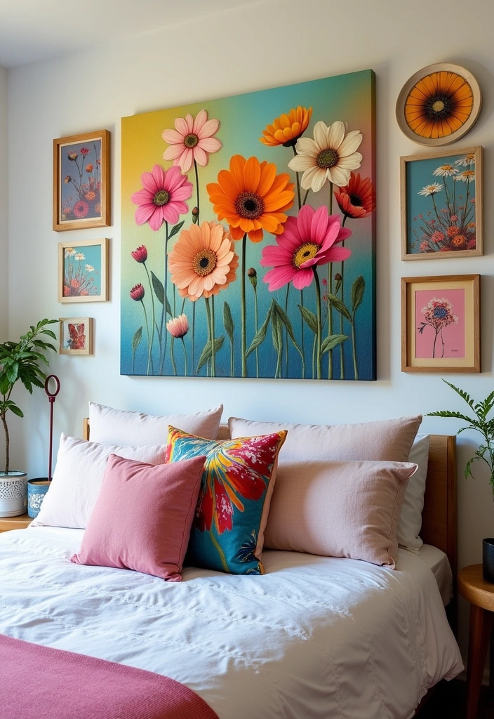 27 Spring Bedroom Ideas - 10. Bright Artwork