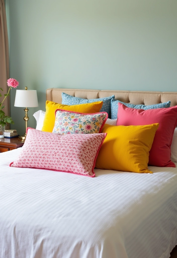 27 Spring Bedroom Ideas - 14. Colorful Throw Pillows