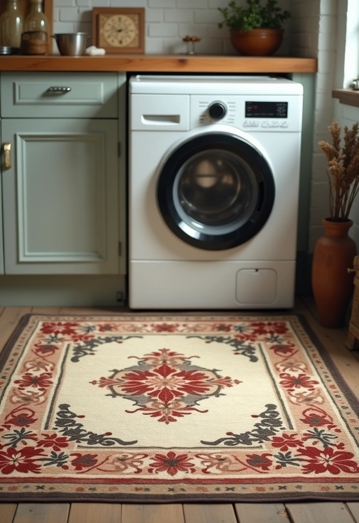 27 Vintage Laundry Room Decor Ideas - 15. Vintage-Themed Rugs