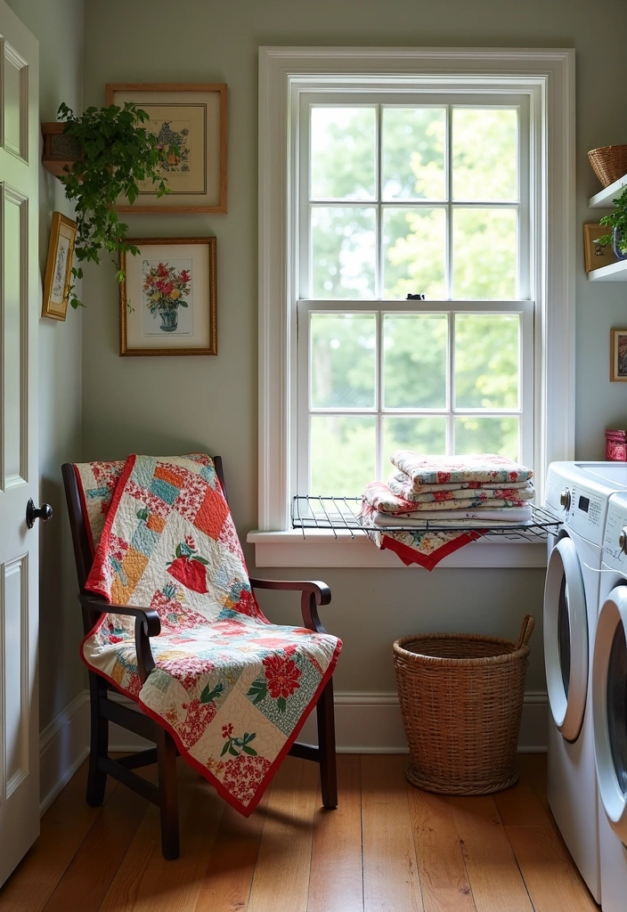 27 Vintage Laundry Room Decor Ideas - 20. Vintage Quilts or Throws