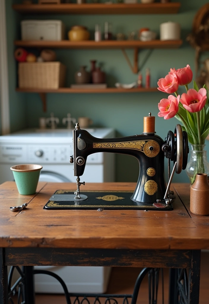 27 Vintage Laundry Room Decor Ideas - 22. Antique Sewing Machine Display