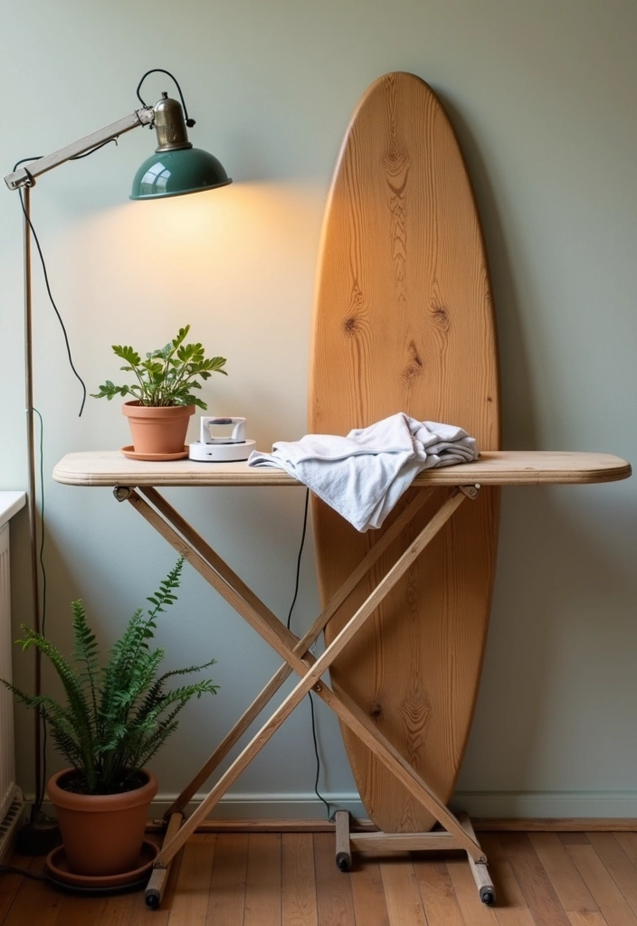 27 Vintage Laundry Room Decor Ideas - 3. Vintage Ironing Board Display