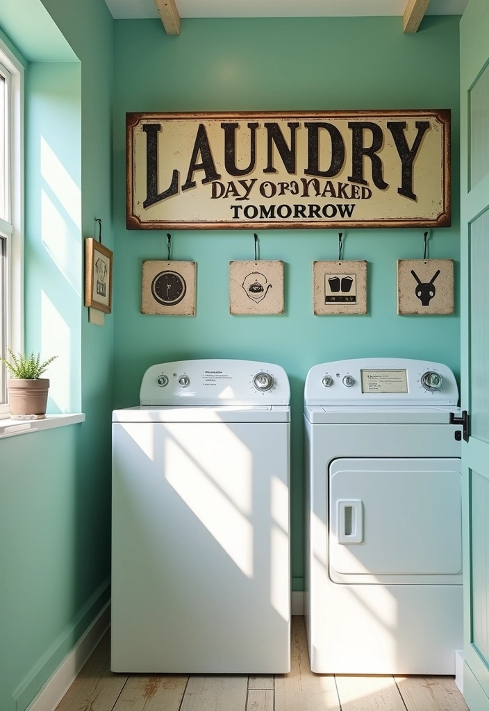 27 Vintage Laundry Room Decor Ideas - 4. Colorful Vintage Signs