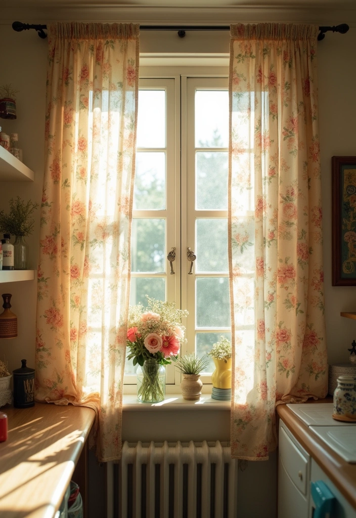 27 Vintage Laundry Room Decor Ideas - 5. Vintage Floral Curtains