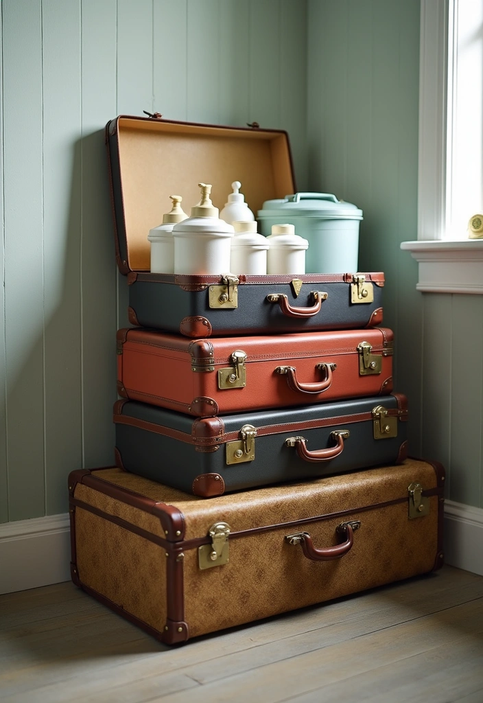 27 Vintage Laundry Room Decor Ideas - 6. Upcycled Vintage Suitcases