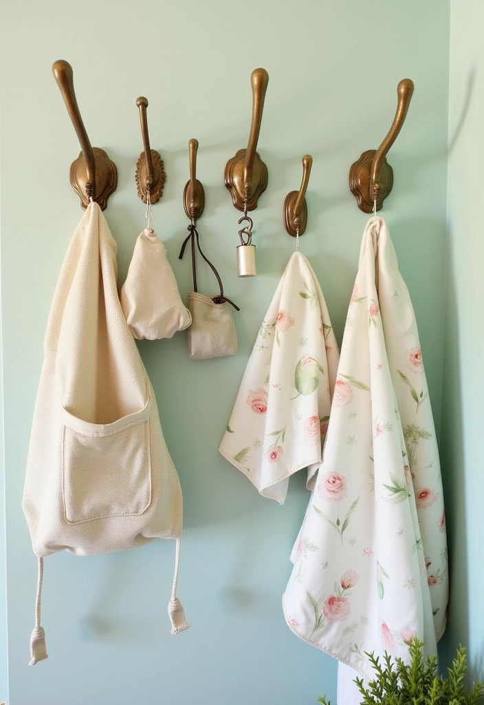 27 Vintage Laundry Room Decor Ideas - 9. Charming Vintage Wall Hooks